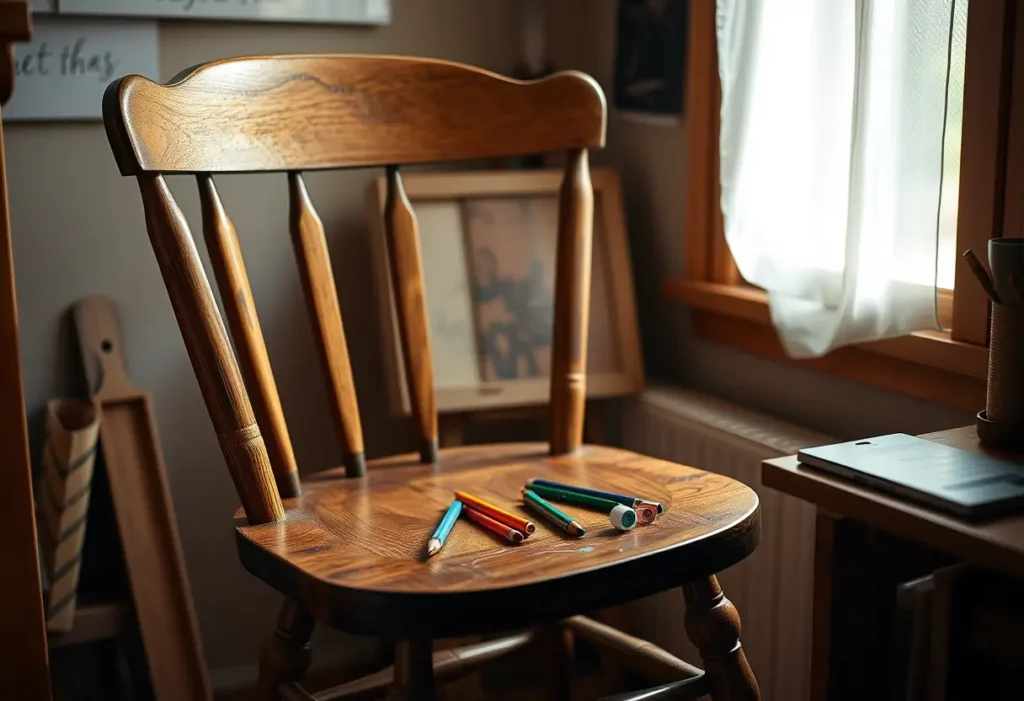 Chaise en bois dans un coin accueillant d'un studio, avec des crayons et gommes épars