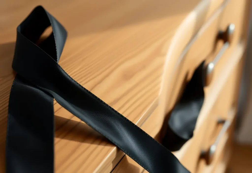 Un ruban en soie noire posé sur une commode en bois, rappelant l'élégance des rituels quotidiens.
