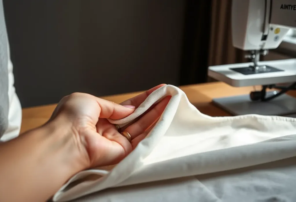 Une main étirant doucement une bande de tissu près d'une machine à coudre, dans une salle lumineuse, illustration du confort des vêtements féminins