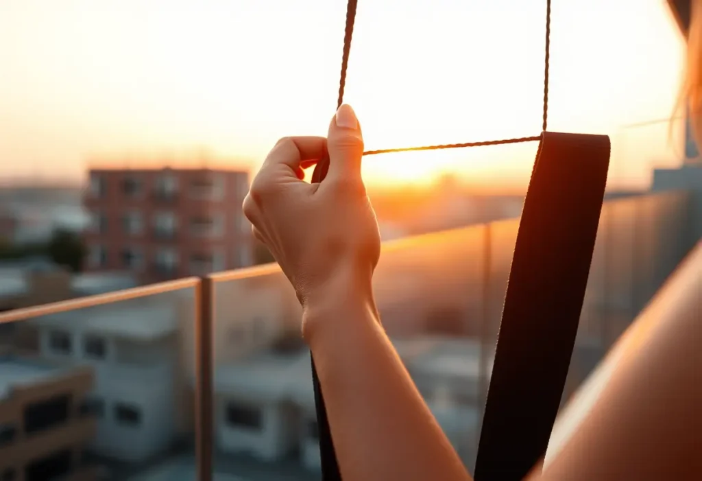 Une main ajustant des bretelles sur un balcon au coucher du soleil