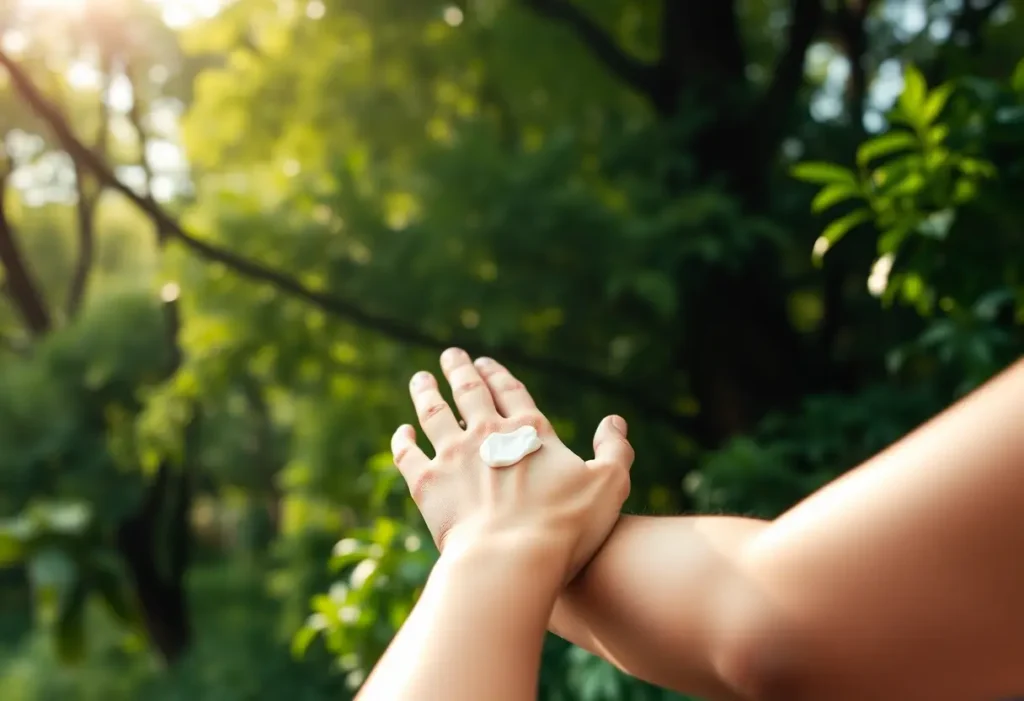 Main de femme appliquant une crème apaisante sur son bras dans un jardin verdoyant