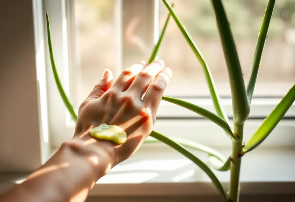 Une main applique de l'aloe vera sur la peau près des feuilles de la plante, en cuisine