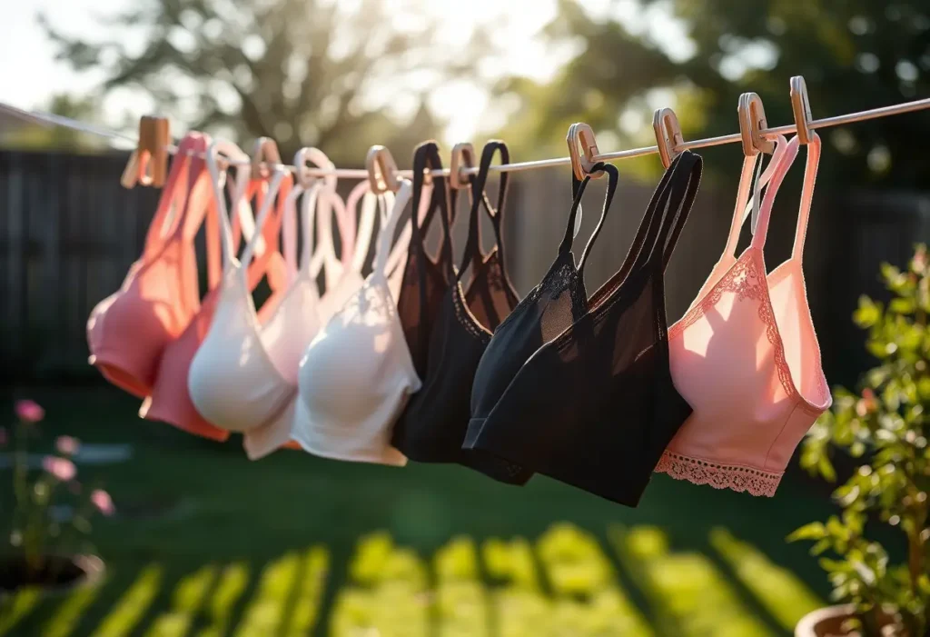 Pile de soutiens-gorge en polyester séchant sur une corde à linge dans le jardin, lumière du matin