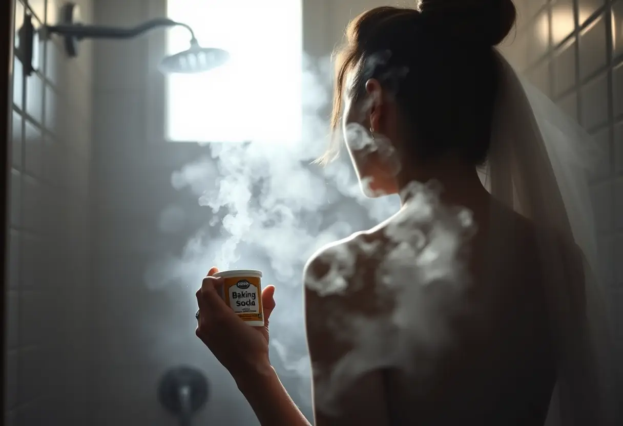 Silhouette de femme dans une salle de bains, vaporisation d'eau chaude, contenant de bicarbonate de soude, odeurs de transpiration