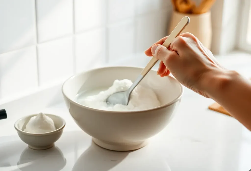 Une main féminine mélange du bicarbonate de soude dans un bol en porcelaine