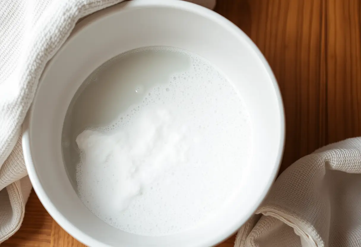 Préparation : un mélange de bicarbonate de soude dans un bol blanc pour nettoyer des sous-vêtements