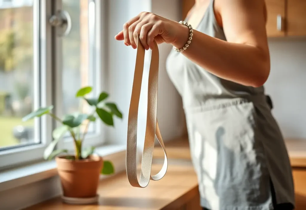 Des bretelles élastiques ajustables dans la main d'une femme debout dans une cuisine bien éclairée.