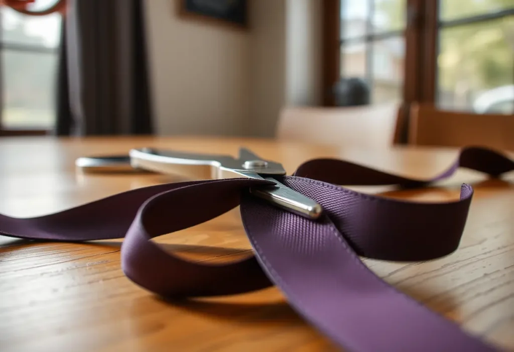 Un ruban de soutien-gorge coupé sur une table, éclairé naturellement, soulignant sa texture