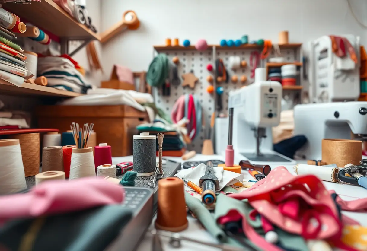 Un espace de couture avec divers outils et matériaux, y compris des bobines de fil, un porte-aiguilles et des morceaux de tissu, organisés de manière soignée