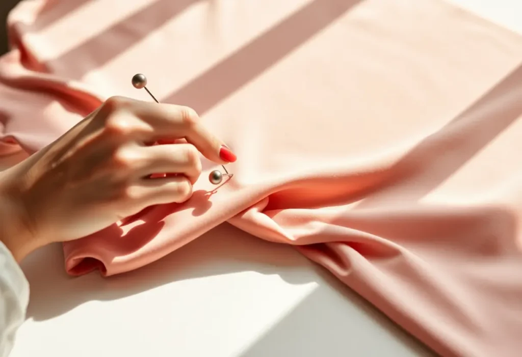 Une main féminine pince avec soin un morceau de tissu élastique pour réaliser un soutien-gorge push-up.