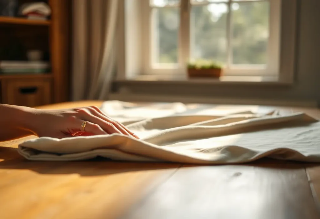 Une main féminine ajuste délicatement un morceau de tissu jersey sur une table, dans la lumière naturelle, bien-être féminin