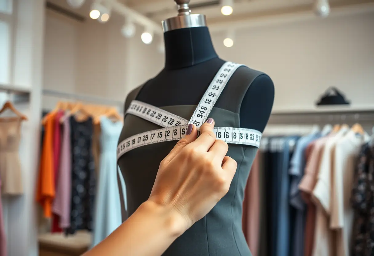 Une main féminine tient un mètre ruban autour d'un mannequin, illustrant la précision des mesures.