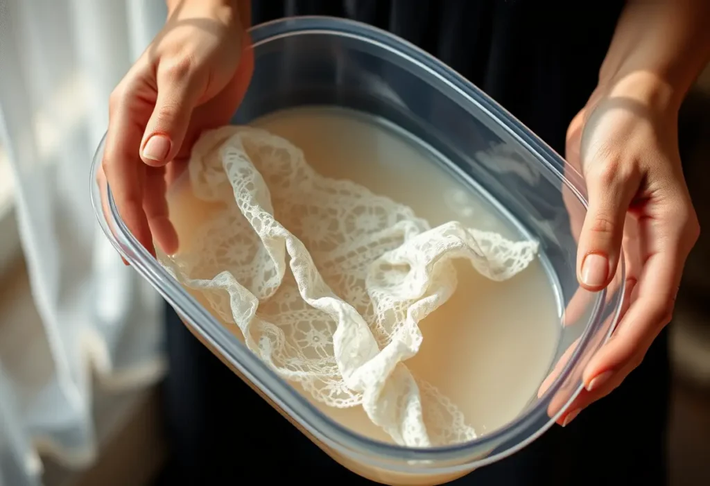 Une main féminine tient un bassin d'eau tiède contenant un soutien-gorge en dentelle
