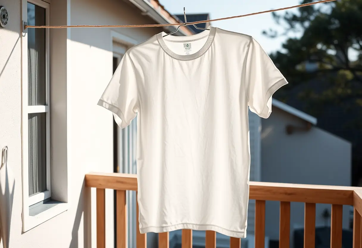 Un tee-shirt blanc pendu sur une corde à linge sur un balcon ensoleillé, rappelant l'importance du bon entretien des vêtements