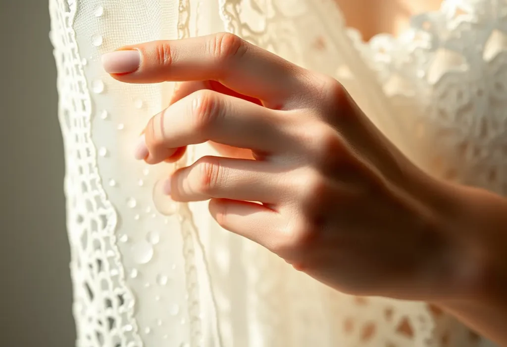Une main féminine tient délicatement un tissu dentelé humide, relevant l'importance du soin apporté aux soutiens-gorge.