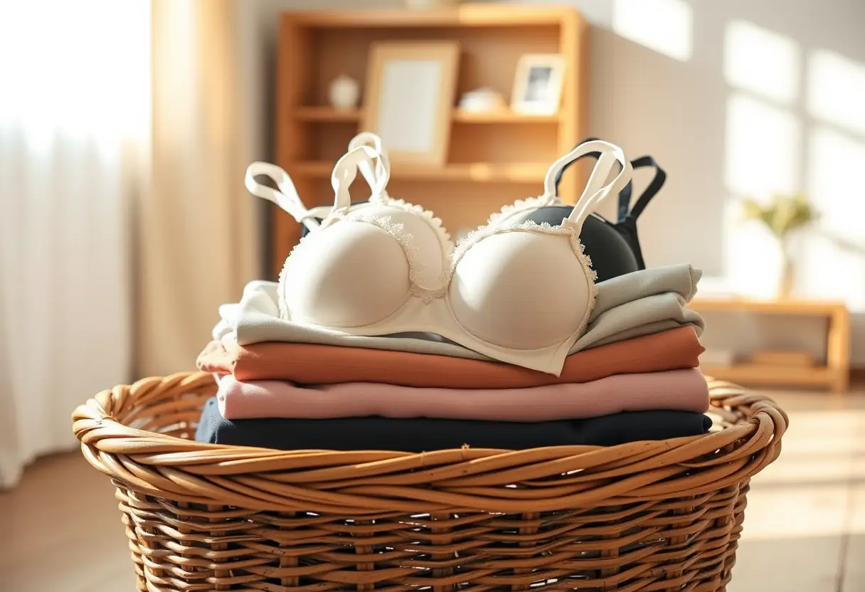 Un panier à linge contenant des soutiens-gorge soigneusement pliés, mettant en valeur l'importance du stockage approprié.