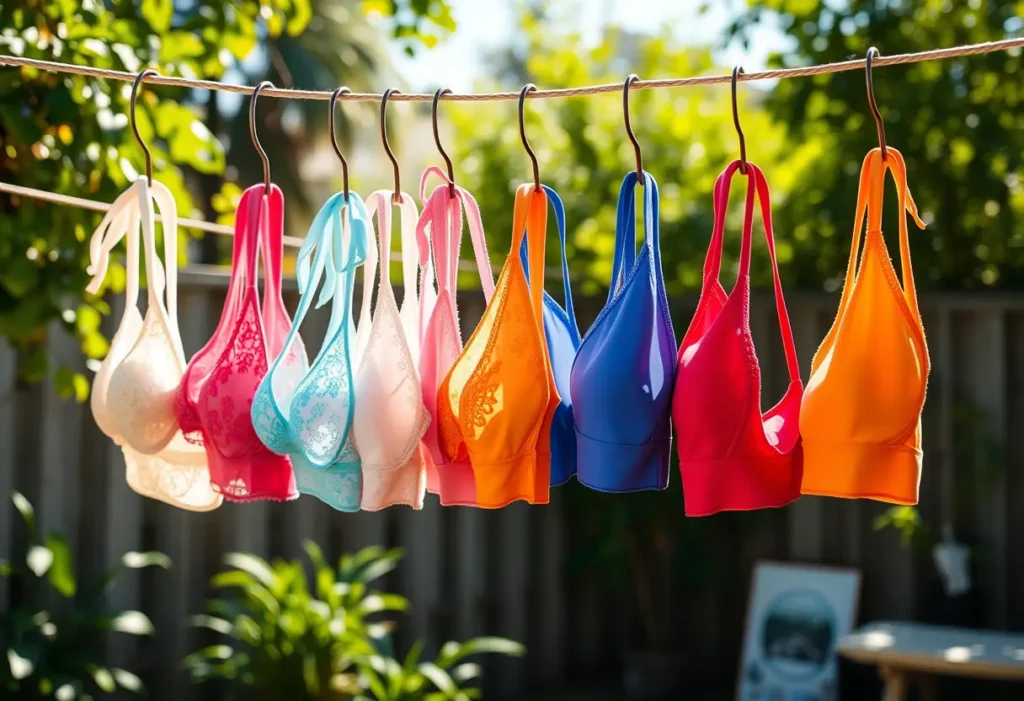 Soutiens-gorge colorés accrochés à une corde à linge dans un jardin arboré, sèchent naturellement au soleil