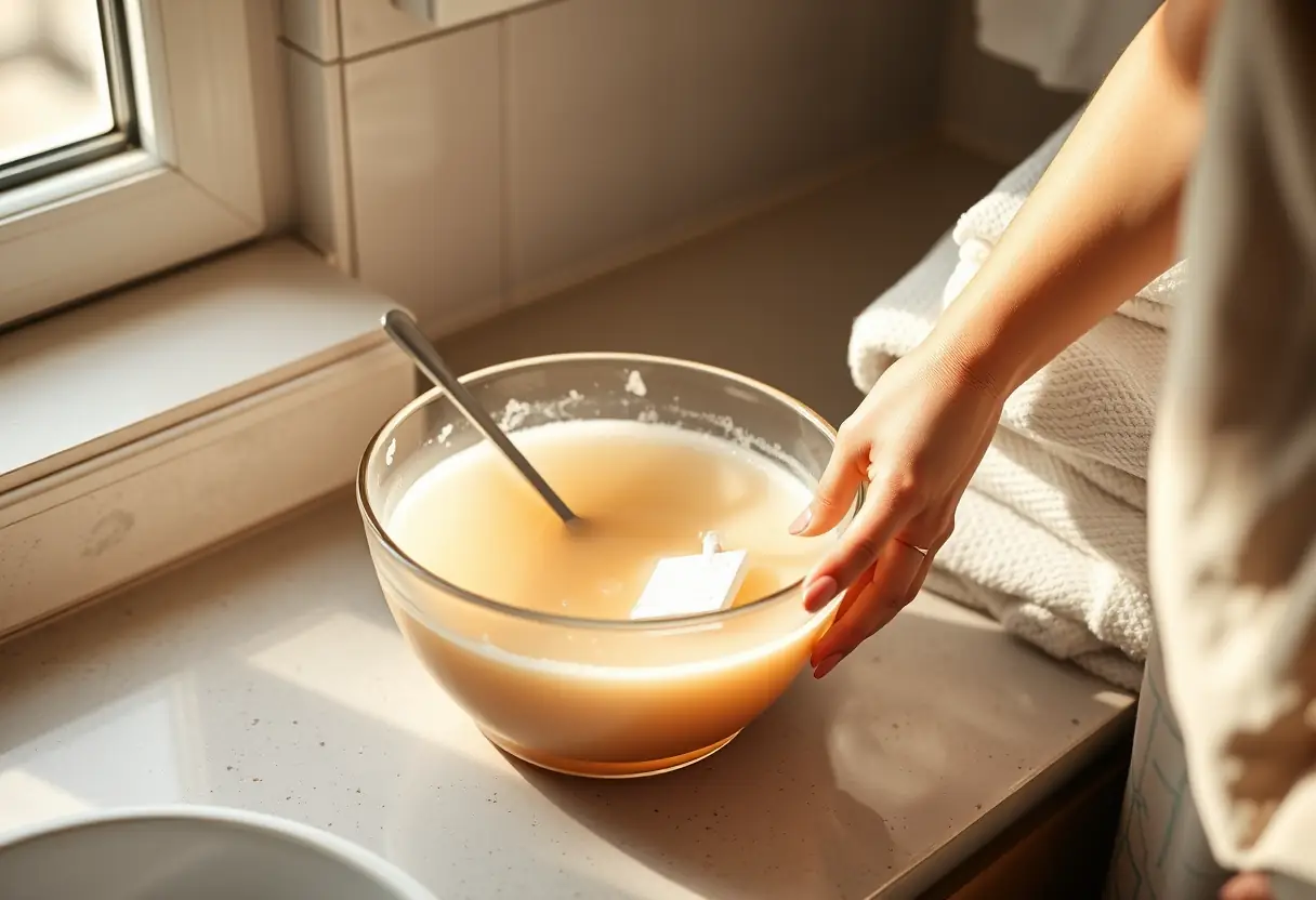 Main de femme manipulant un bassin d'eau tiède et de lessive délicate dans une salle de bains, éclairée par la lumière naturelle