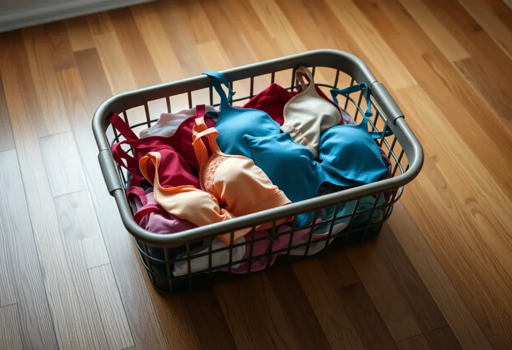 Un panier à linge rempli de soutiens-gorges de différentes couleurs sur un plancher en bois au petit matin.