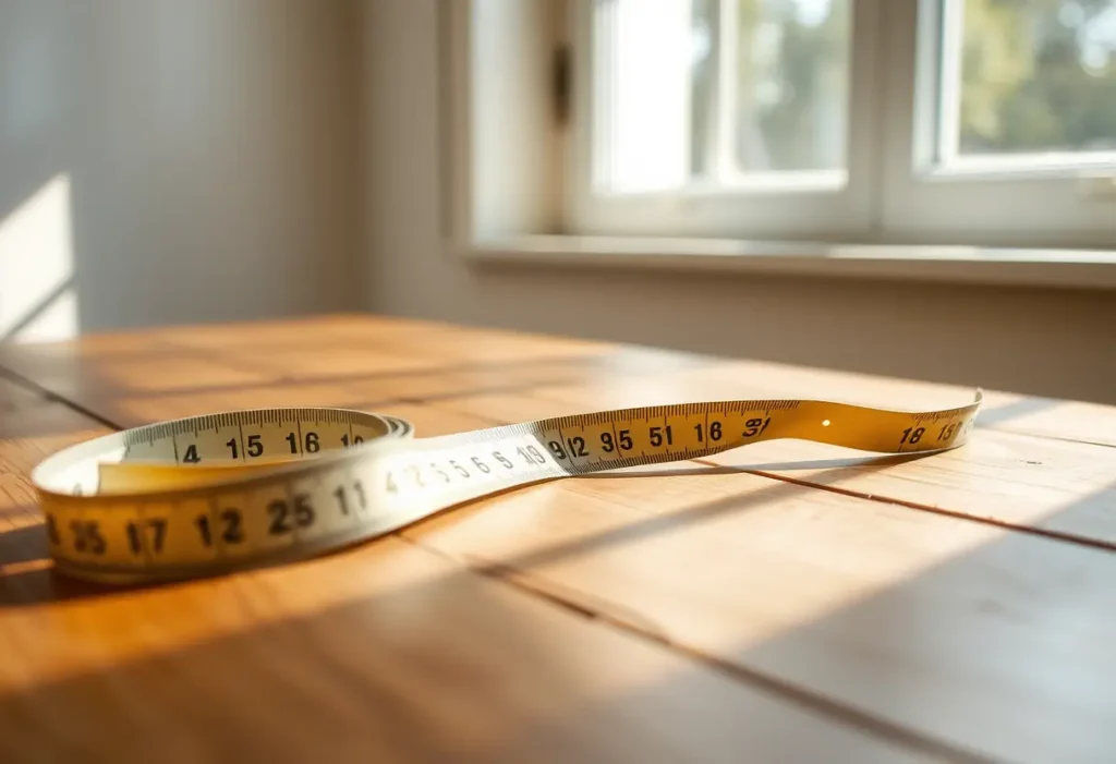 Un ruban à mesurer posé sur une table, éclairé par la lumière naturelle