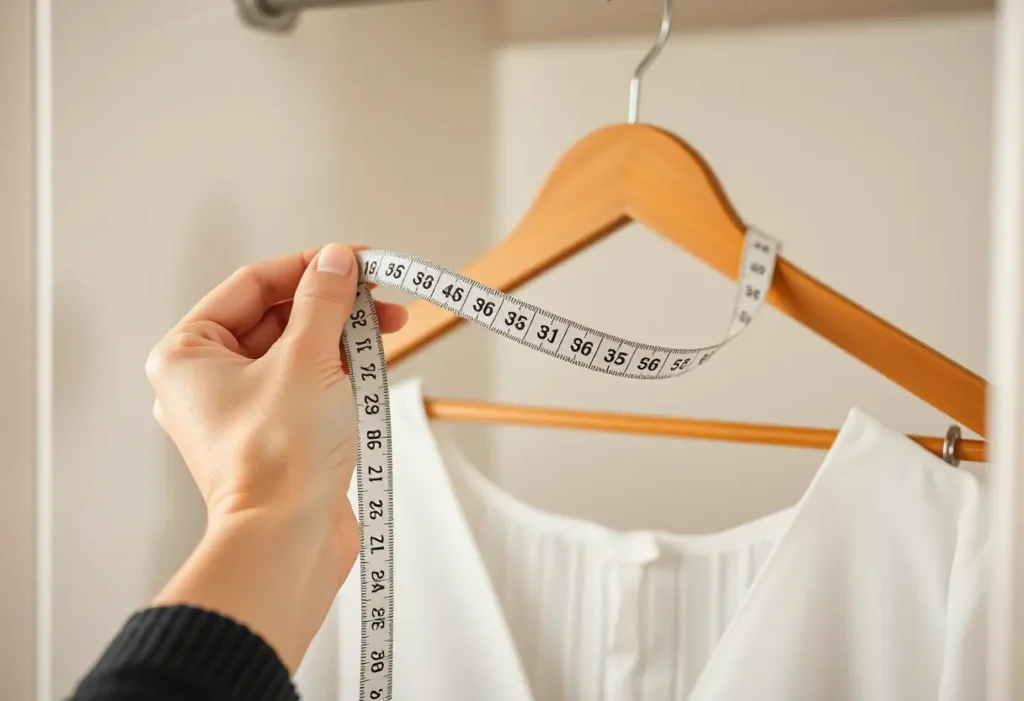 Une main féminine tenant un mètre ruban flexible autour d'un cintre en bois, soulignant l'importance des mesures précises.
