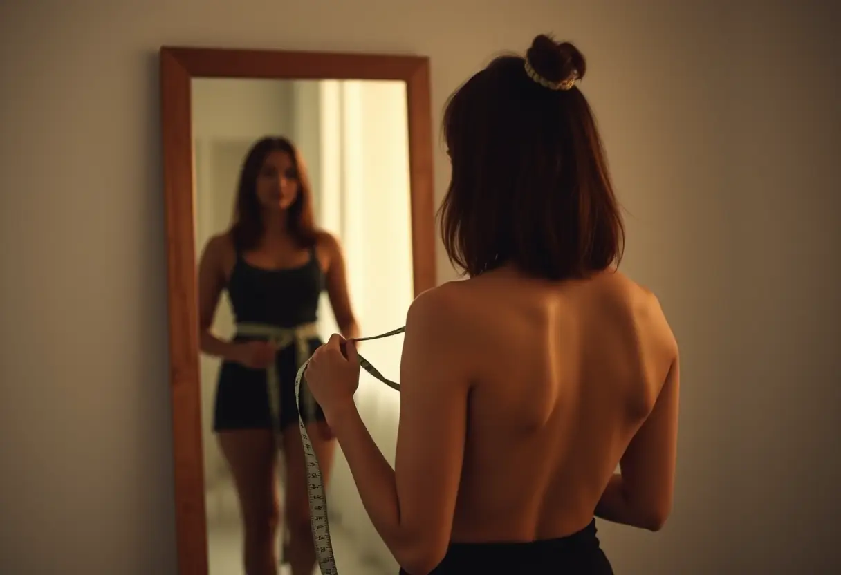 Un silhouette féminine devant un miroir à pied, tenant un mètre ruban flexible, illustrant le processus de mesure pour améliorer le confort et l'acceptation de soi.