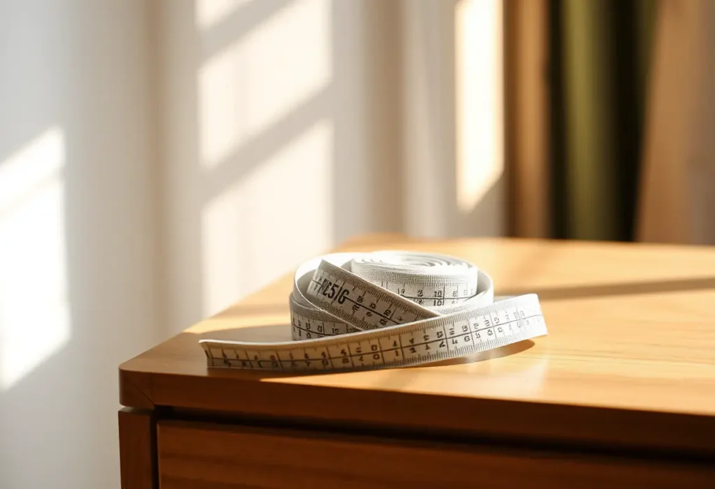 Tapisse mesure enroulée sur une commode, outil pratique pour mesurer sa poitrine