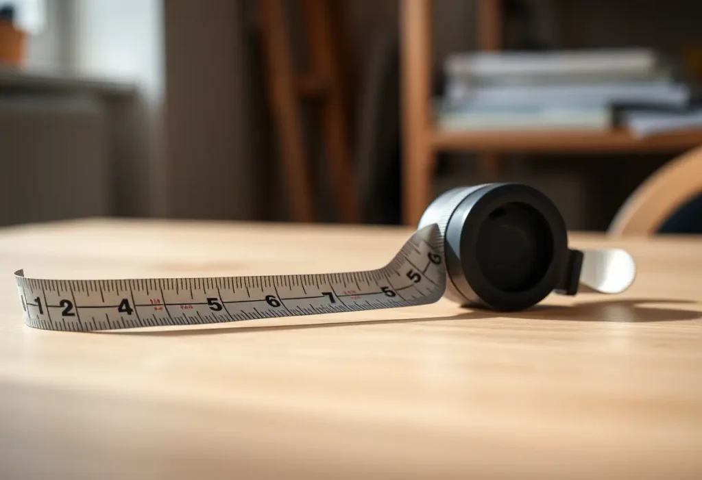 Un mètre ruban souple posé sur une table, prêt à être utilisé, soulignant l'importance d'une mesure précise