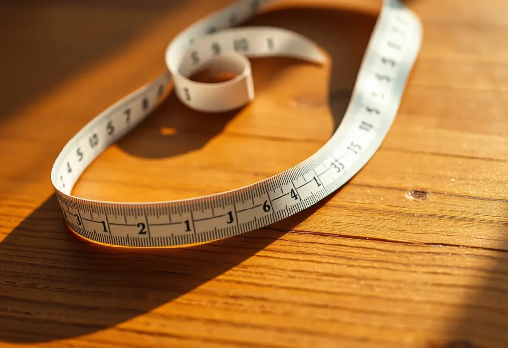 Un ruban à mesurer posé sur une table en bois, montrant des mesures précises pour choisir la bonne taille de soutien-gorge.