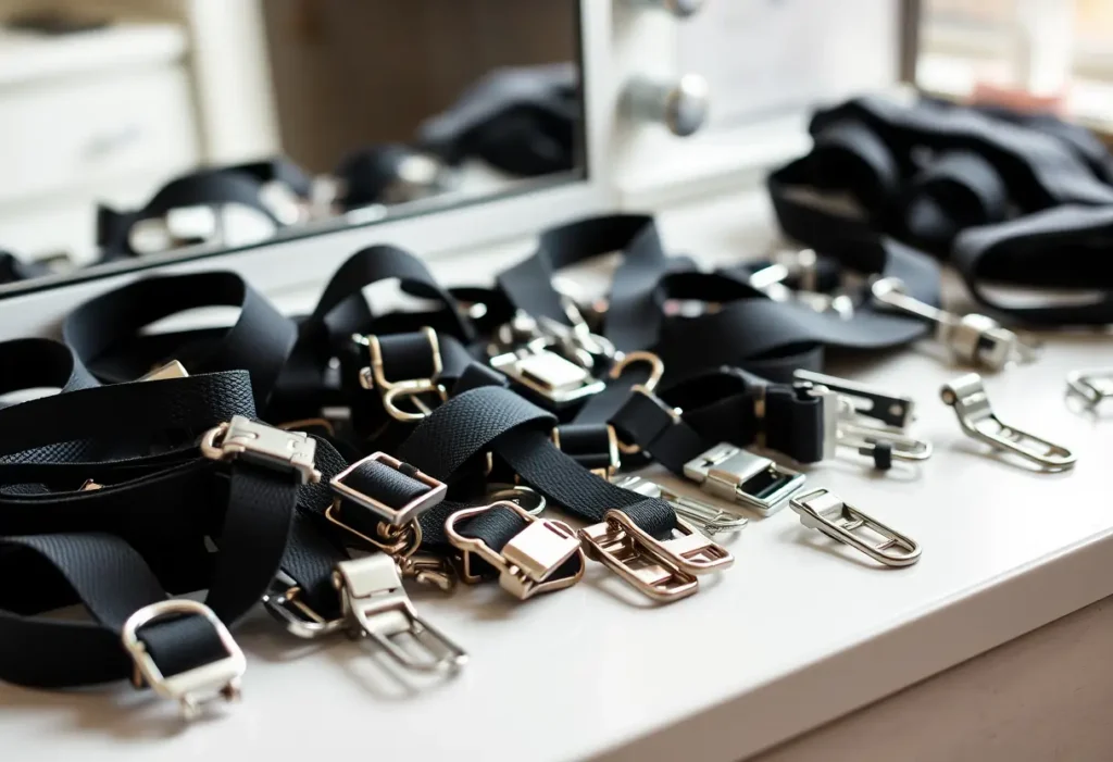 Des attaches et brides métalliques sur une coiffeuse, illustrant la flexibilité des soutiens-gorges multi-position
