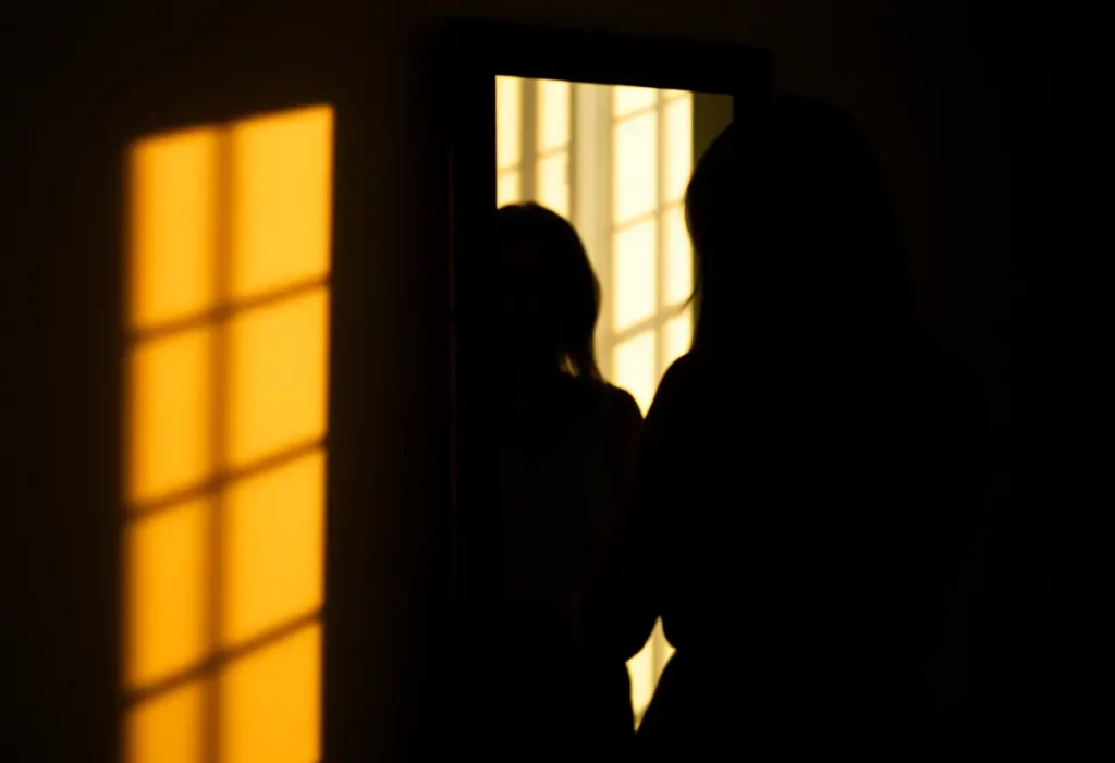 Silhouette d'une femme vérifiant son reflet dans un miroir pour s'assurer d'un port parfait