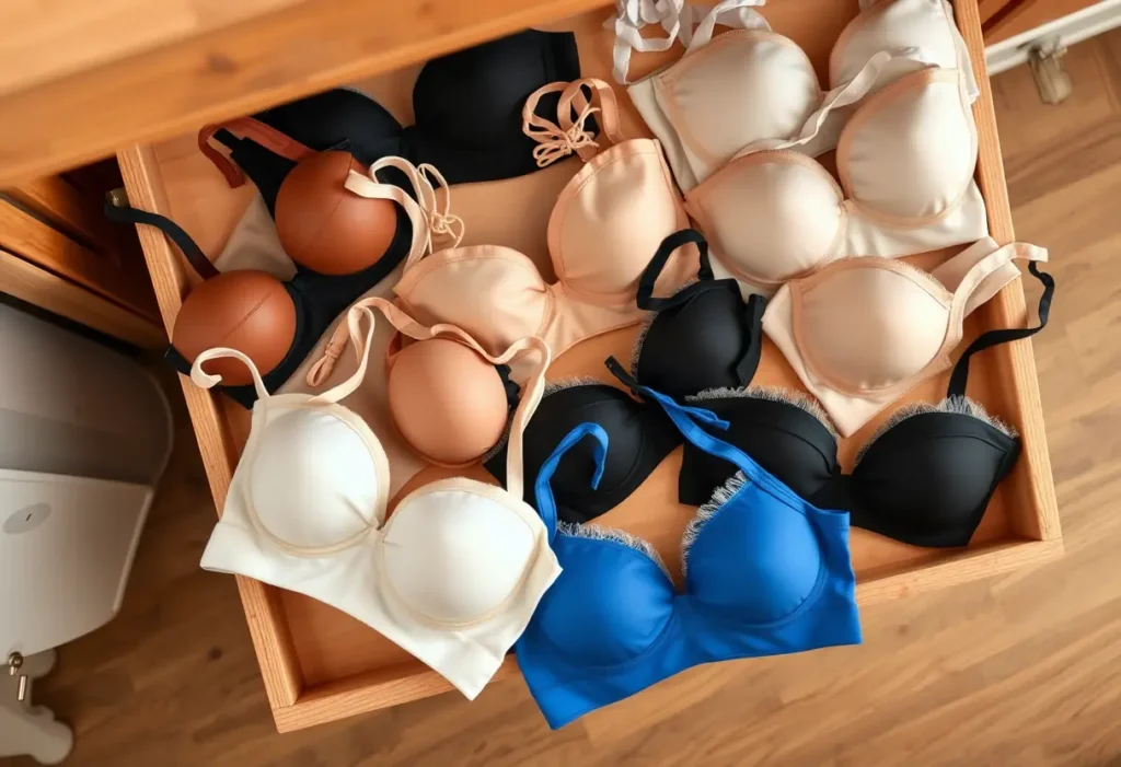 Un tiroir de coiffeuse rempli de soutiens-gorge sans bretelle de différents styles