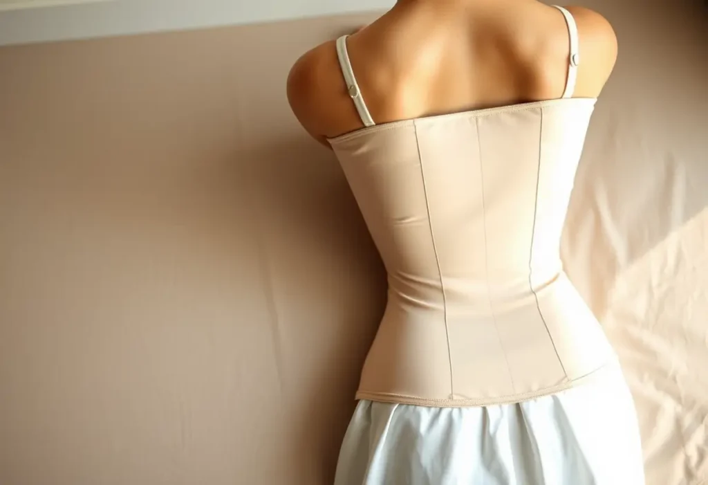 Un body gainant posé sur une commode, conçu pour des robes dos nu, assure un maintien parfait et une silhouette élégante.