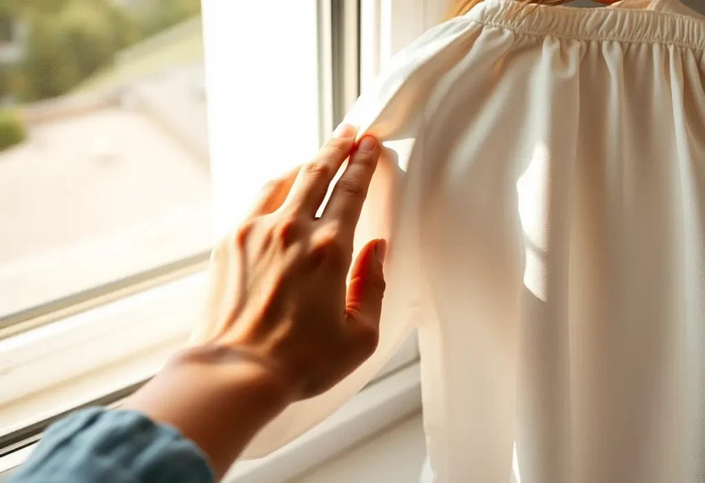 Main: Une main féminine lisse délicatement un chemisier en coton sous une lumière naturelle, illustrant le confort de ne pas porter de soutien-gorge.