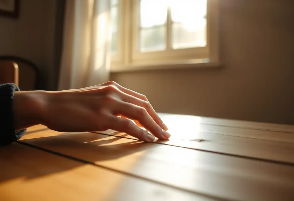 Main de femme posée sur une table en bois, lumière naturelle mettant en valeur le choix de la liberté