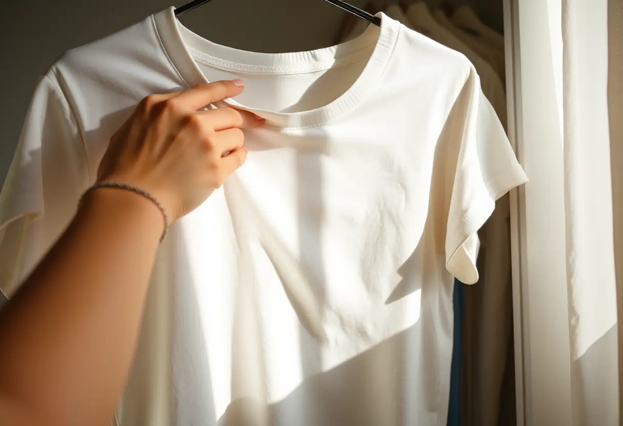 Une main féminine repasse doucement un t-shirt en coton, symbolisant le confort et la liberté