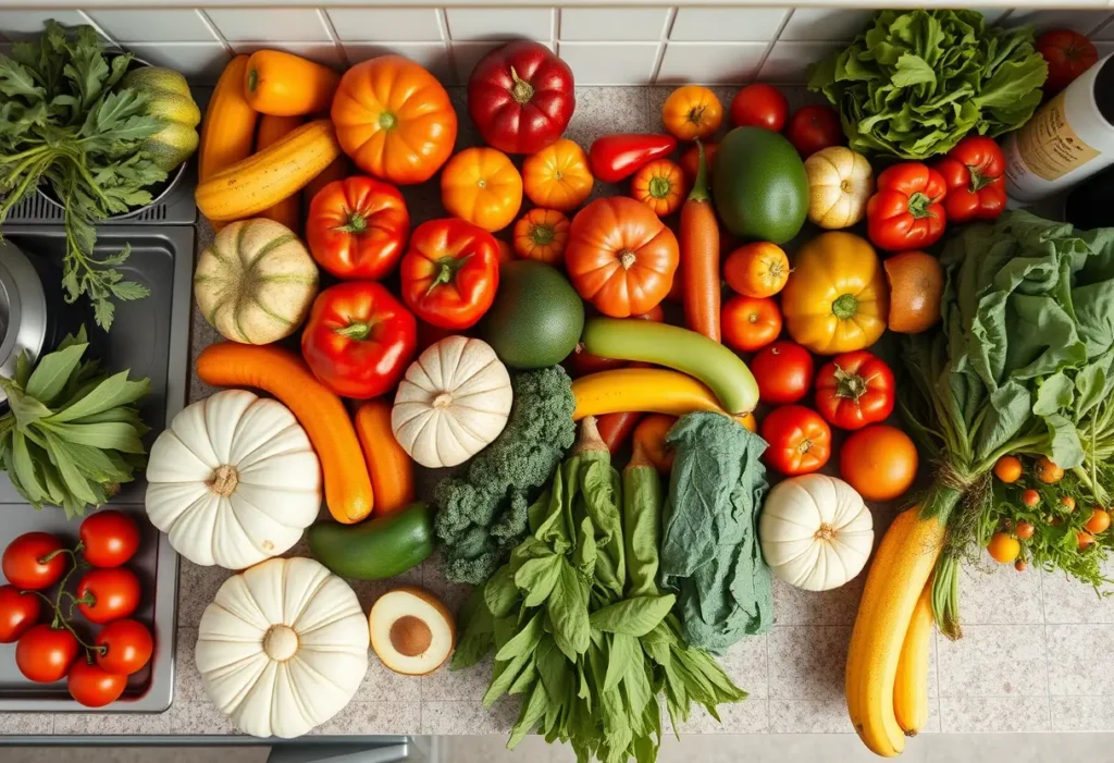 Image principale d'un plan de travail de cuisine garni de fruits et légumes divers.