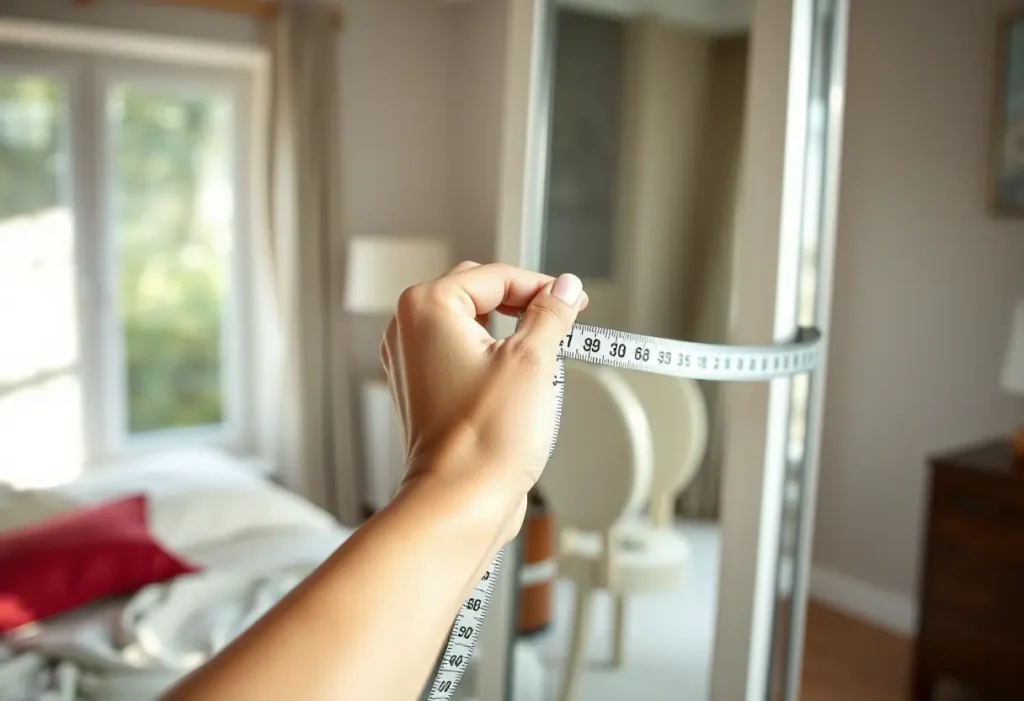 Main dans le miroir avec ruban à mesurer, pour choisir un soutien-gorge bien ajusté