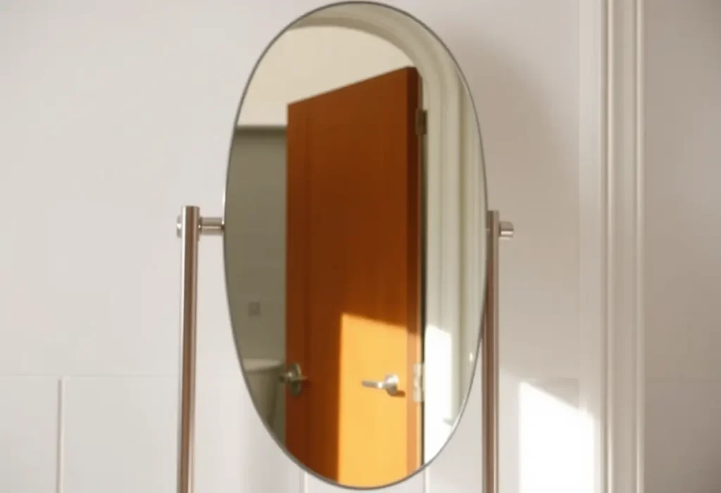 Un chevalet de miroir dans une salle de bain reflétant la courbe d'un chambranle