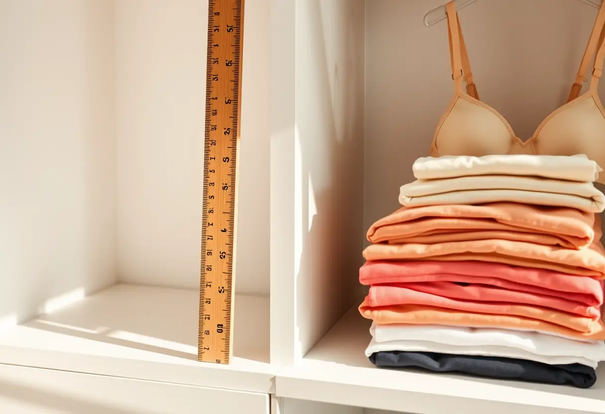 Règle posée contre un mur dans un dressing bien rangé avec des soutiens-gorge pliés