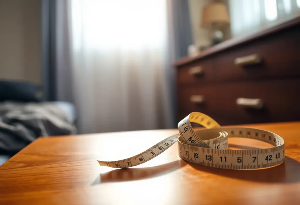 Mètre ruban souple rangé sur une commode, outil indispensable pour prendre ses mensurations avec précision