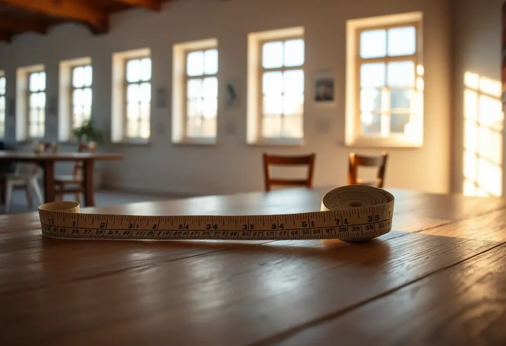 Une règle à couture posée sur une table, éclairée par la lumière naturelle