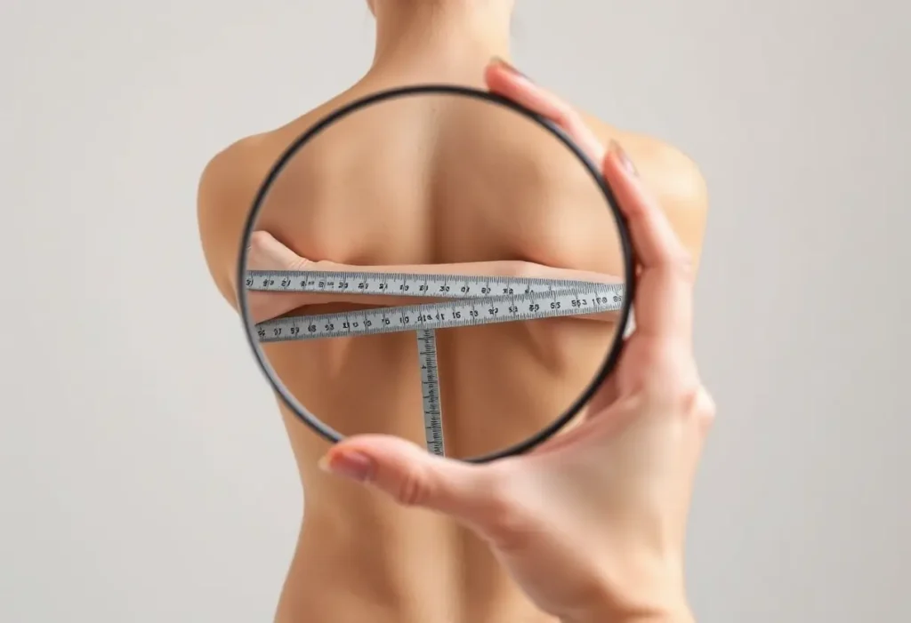 Une main tenant un miroir pour vérifier la mesure autour du dos, sans visage visible
