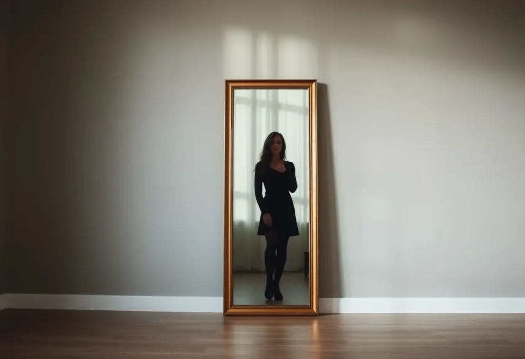 Silhouette de femme dans un grand miroir debout