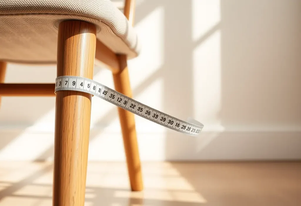 Une règle à mesurer flexible enveloppe élégamment une patte de chaise en bois dans une pièce lumineuse, soulignant précision et confort