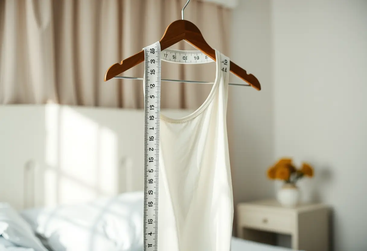 Un mètre ruban souple pendouille légèrement d'un cintre dans une chambre bien éclairée, mettant en valeur sa flexibilité et son importance pour l'ajustement