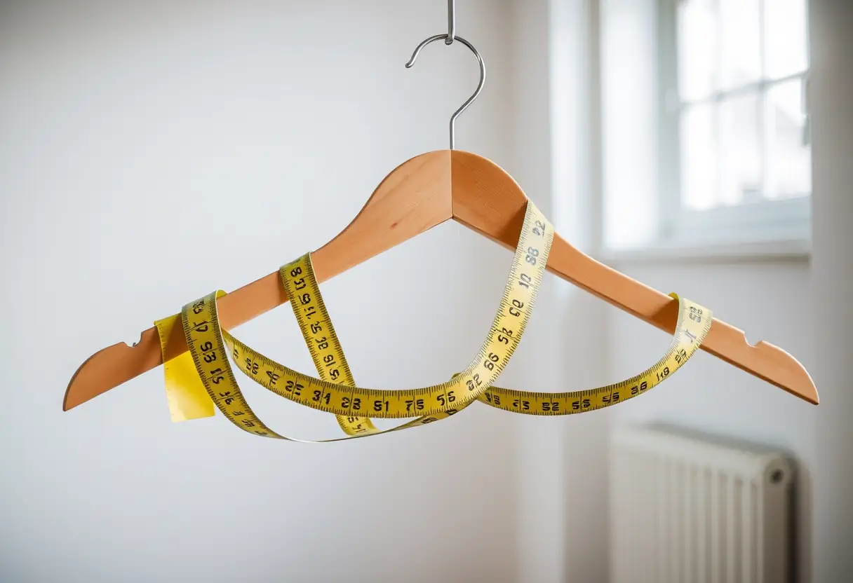 Une règle à mesure enveloppe délicatement un cintre en bois dans une pièce lumineuse, soulignant l'importance des mensurations pour un soutien-gorge.