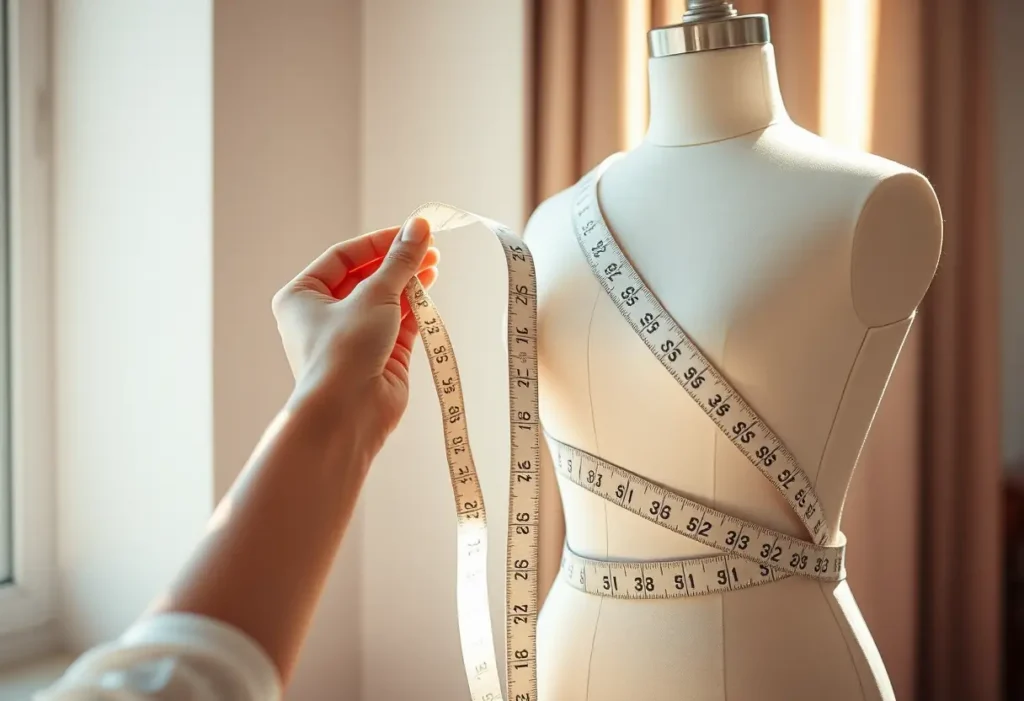 Une main féminine tient un mètre ruban posé sur une forme de mannequin, symbolisant la prise de mesure
