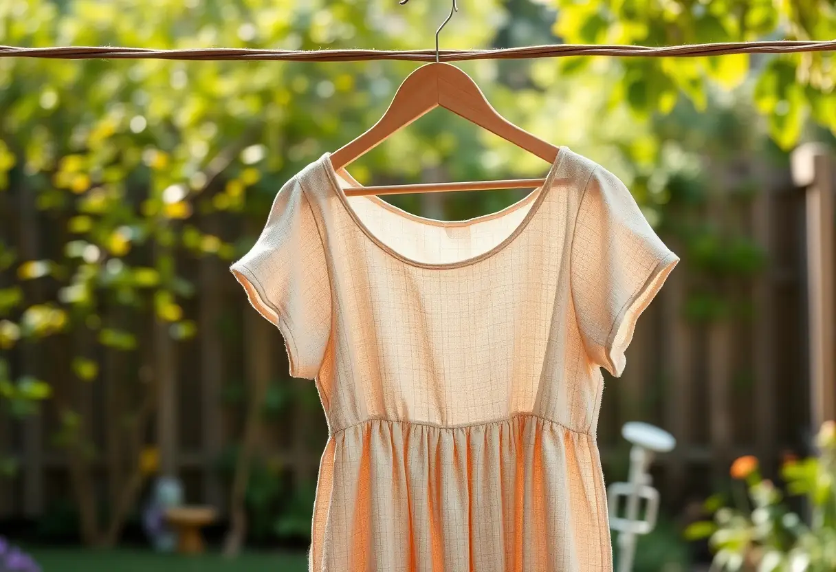 Un cintre en bois avec une robe accrochée dans un jardin bien éclairé