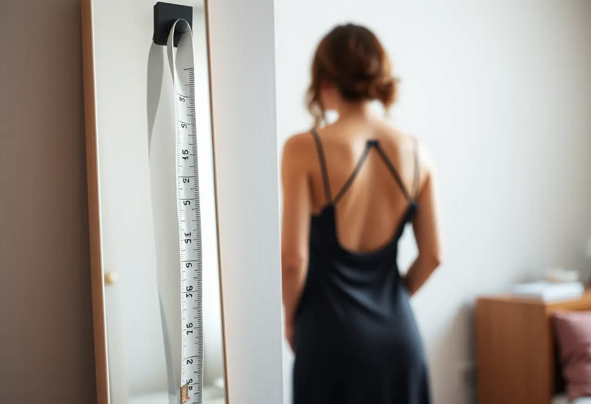 Un mètre ruban accroché près d'un miroir, avec une silhouette féminine en arrière-plan, dans le contexte de la prise de mesure pour soutien-gorge.